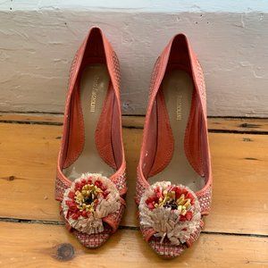 Enzo Angiolini Heels Coral Tweed Peektoe Raffia Flower 6.5 M